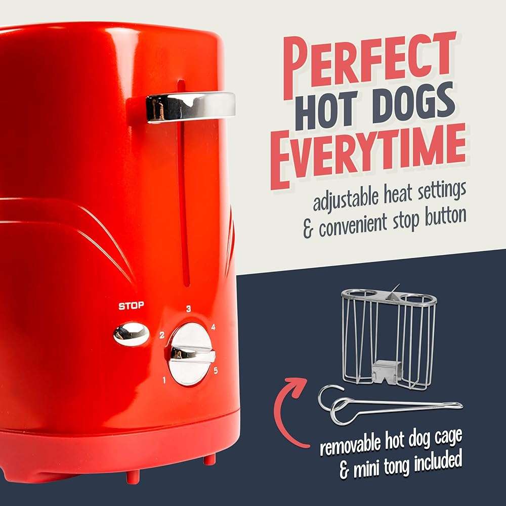 Nostalgia 2 Slot Hot Dog and Bun Toaster with Mini Tongs, Retro Hot Dog Toaster, Hot Dog Cooker that Works with Chicken, Turkey, Veggie Links, Sausages and Brats, Metallic Red - Image 6