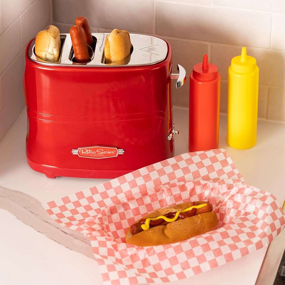 Nostalgia 2 Slot Hot Dog and Bun Toaster with Mini Tongs, Retro Hot Dog Toaster, Hot Dog Cooker that Works with Chicken, Turkey, Veggie Links, Sausages and Brats, Metallic Red - Image 7