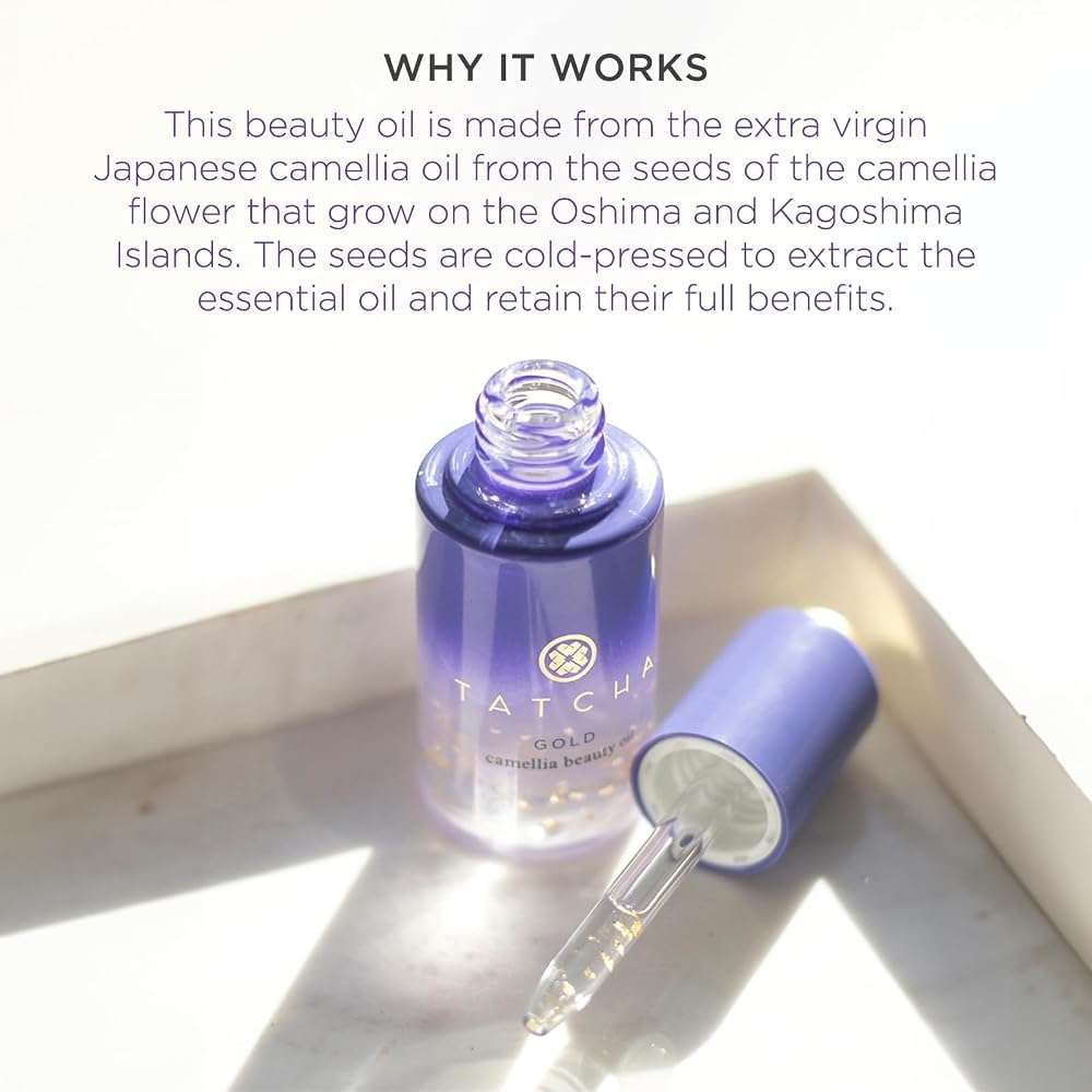TATCHA Gold Camellia Beauty Oil | Moisturizing Face, Body, and Hair Oil Infused with 23-karat Gold flakes | 30 ml / 1 oz - Image 3