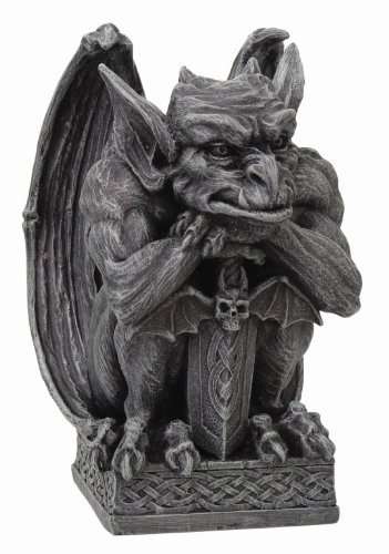 PTC Gargoyle with Shield Statue, Cold Cast Resin Figurine, Light Grey/Beige - Image 1