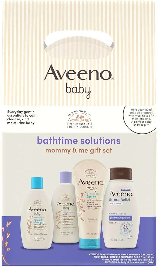 Aveeno Baby Bathtime Solutions Mommy & Me Gift Set, Baby Wash & Shampoo, Calming Bath, Daily Moisturizing Lotion and Stress Relief Body Wash for Mom, Colloidal Oat, Baby Bath Essentials, 4 items - Image 1