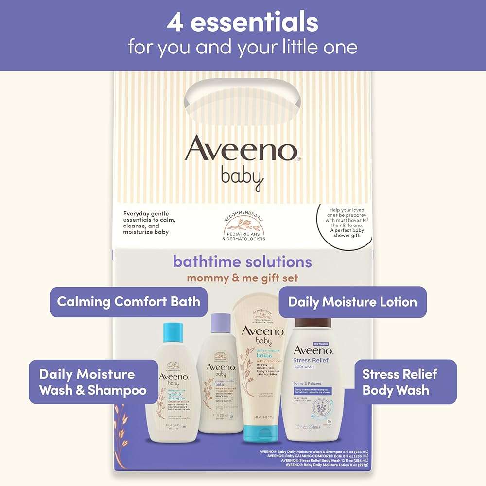 Aveeno Baby Bathtime Solutions Mommy & Me Gift Set, Baby Wash & Shampoo, Calming Bath, Daily Moisturizing Lotion and Stress Relief Body Wash for Mom, Colloidal Oat, Baby Bath Essentials, 4 items - Image 2
