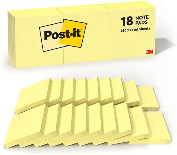 Post-it Notes, 3 in x 3 in, 18 Sticky Notes Pads, 100 Sheets per Pad, The Iconic Canary Yellow Note, School Supplies and Oﬃce Products - Image 1