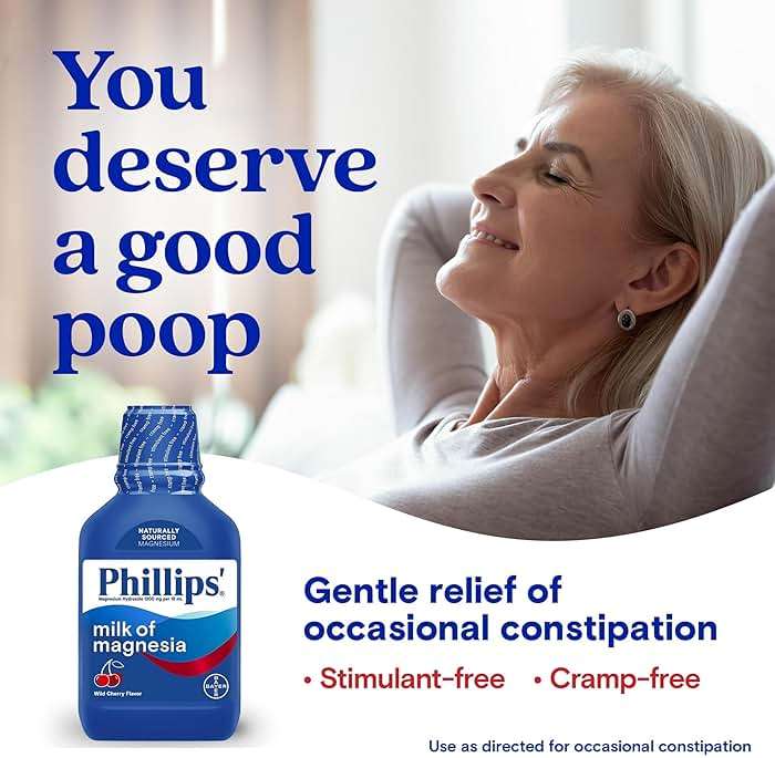 Phillips’ Milk of Magnesia Liquid Laxative, Wild Cherry Flavor, Stimulant Free, Cramp Free Relief of Occasional Constipation*, Effective in 30 minutes - 6 hours, #1 Milk of Magnesia Brand, 26 oz - Image 2
