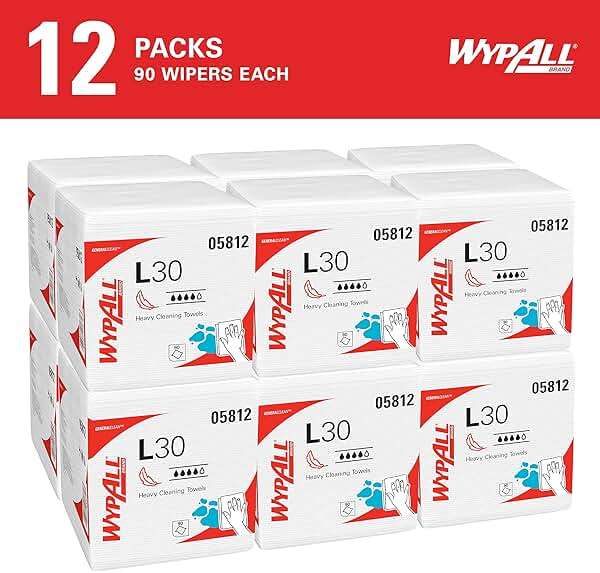 WypAll GeneralClean L30 Cloths Heavy Duty Cleaning Wipes (05812), Quarterfold, Strong and Soft Bulk Paper Wipers, White (12 Packs of 90 Sheets, 1,080 Sheet Total) - Image 2