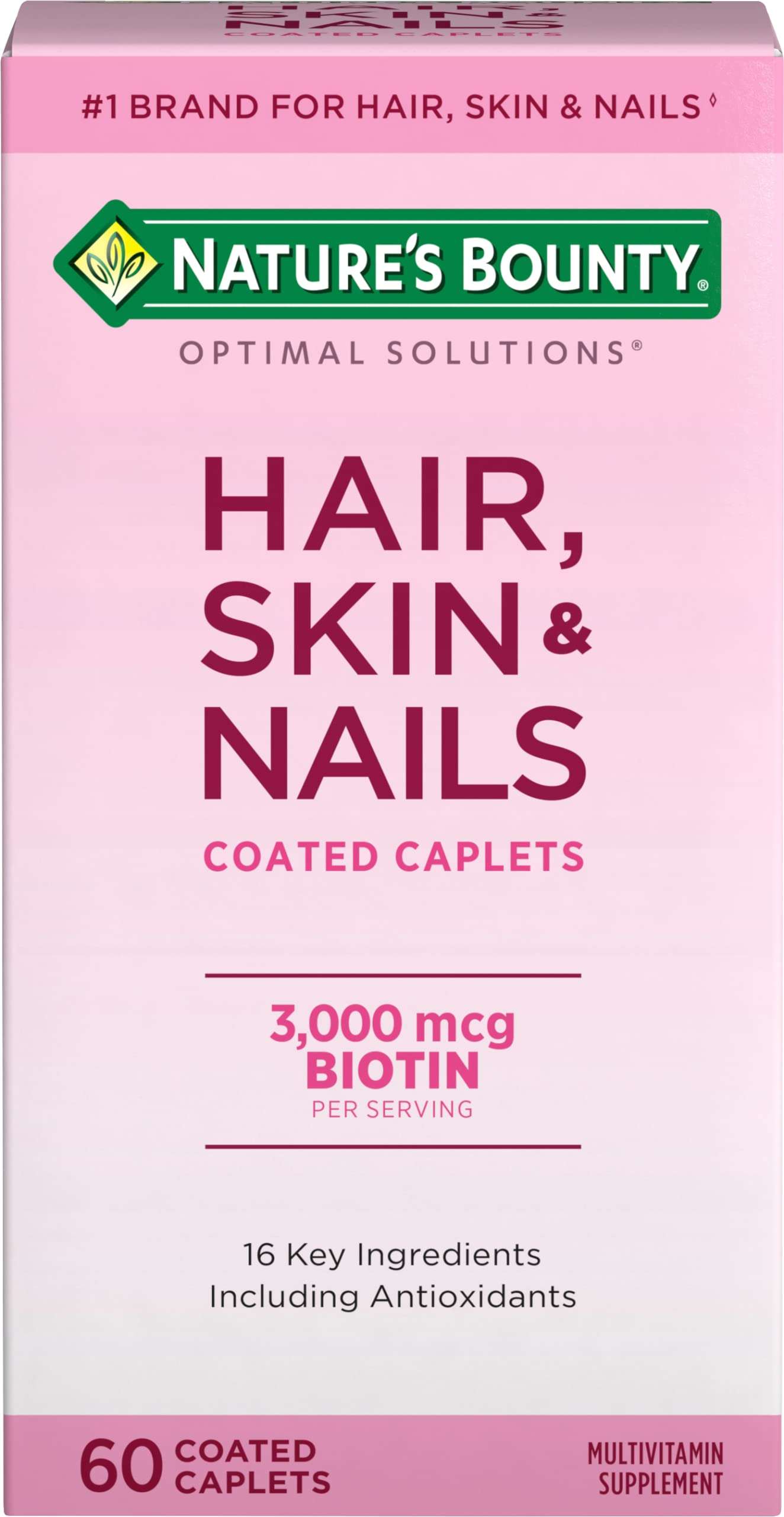 Nature's Bounty Optimal Solutions Hair, Skin & Nails Formula, with 3,000 mcg Biotin, 60 Coated Caplets, 20 Total Servings - Image 1