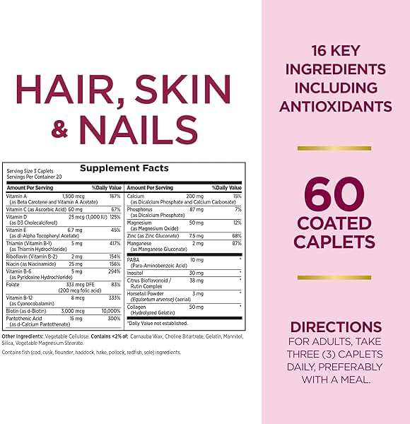 Nature's Bounty Optimal Solutions Hair, Skin & Nails Formula, with 3,000 mcg Biotin, 60 Coated Caplets, 20 Total Servings - Image 2