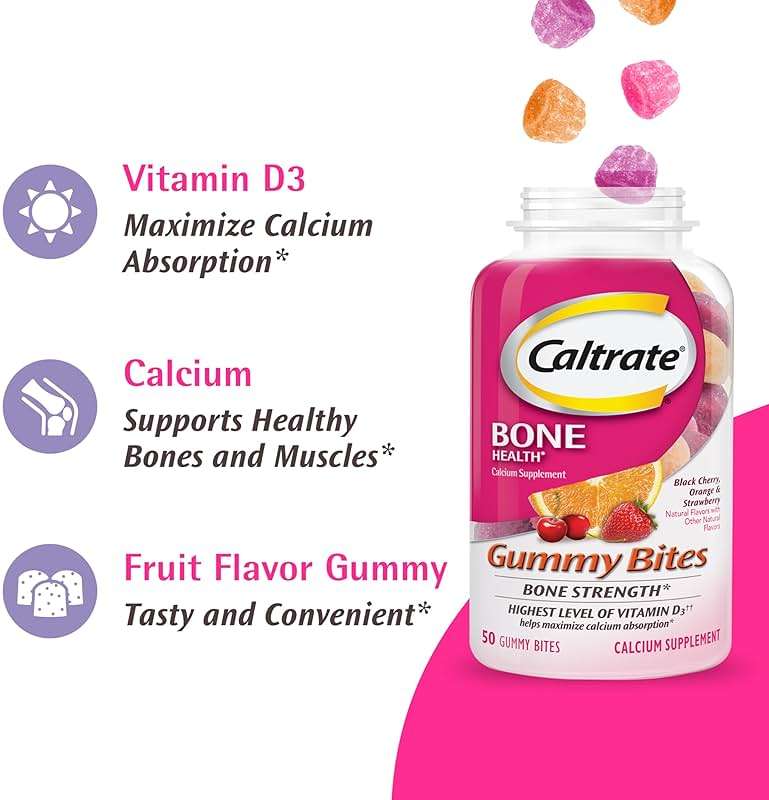 Caltrate Gummy Bites 500 mg Calcium and Vitamin D Supplement, Black Cherry, Strawberry, Orange - 100 Count - Image 6