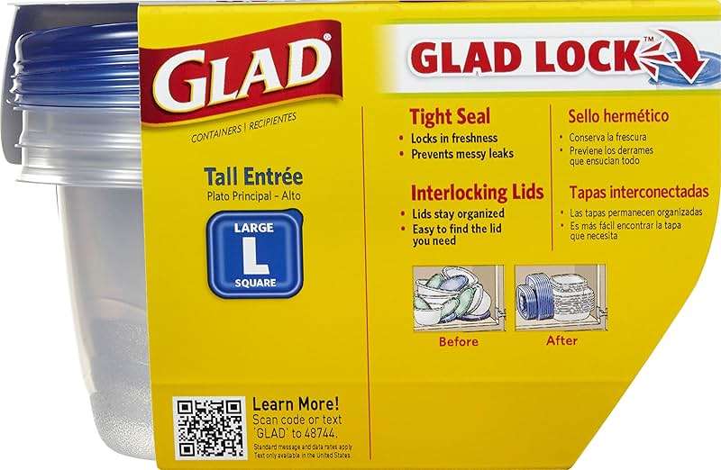 Glad GladWare Tall Entree Food Storage Containers with Lids, Large Square BPA Free Plastic, Meal Prep Lunches, Lock Tight Seal, Microwave Dishwasher Safe, 42 Oz, 3 Count - Image 2