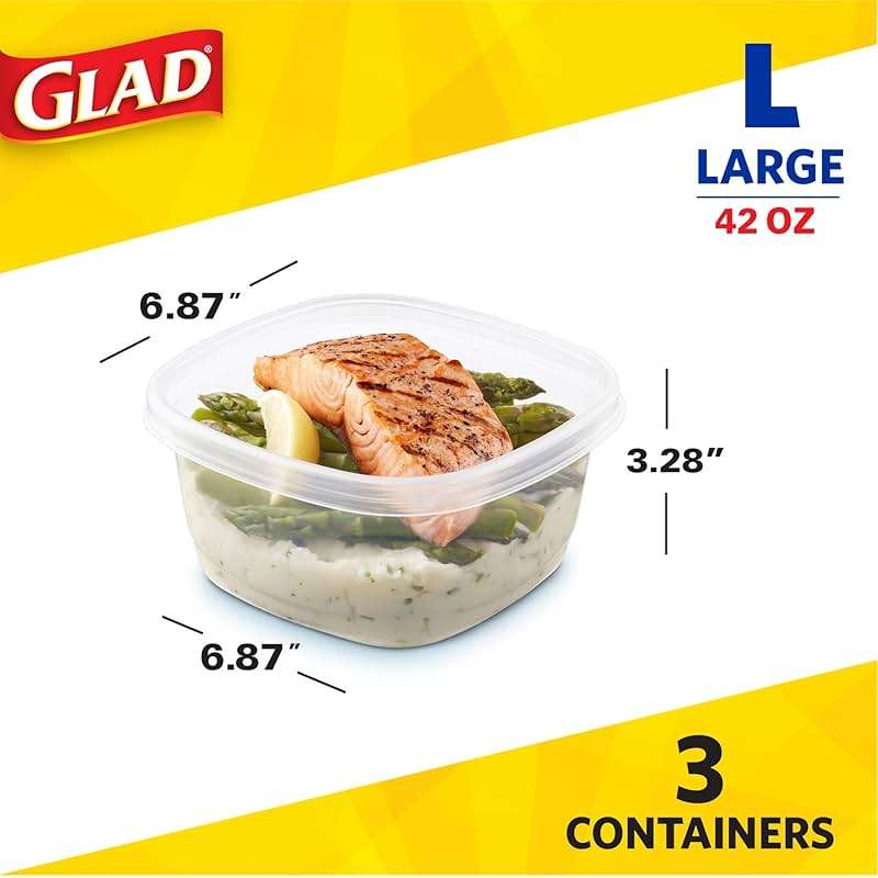 Glad GladWare Tall Entree Food Storage Containers with Lids, Large Square BPA Free Plastic, Meal Prep Lunches, Lock Tight Seal, Microwave Dishwasher Safe, 42 Oz, 3 Count - Image 5