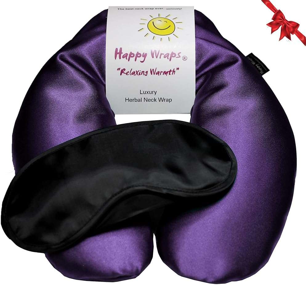 Happy Wraps Microwavable Herbal Neck Wrap - Hot Cold Aromatherapy Neck Warming Pillow - Heating Pad for Migraines, Stress, Gifts for Women, Birthdays, Christmas and Free Sleep Mask - Amethyst Satin - Image 1
