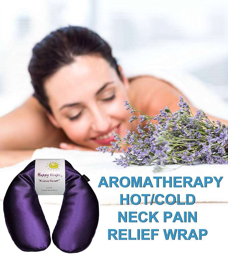 Happy Wraps Microwavable Herbal Neck Wrap - Hot Cold Aromatherapy Neck Warming Pillow - Heating Pad for Migraines, Stress, Gifts for Women, Birthdays, Christmas and Free Sleep Mask - Amethyst Satin - Image 2