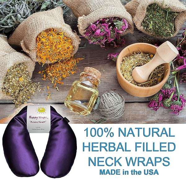 Happy Wraps Microwavable Herbal Neck Wrap - Hot Cold Aromatherapy Neck Warming Pillow - Heating Pad for Migraines, Stress, Gifts for Women, Birthdays, Christmas and Free Sleep Mask - Amethyst Satin - Image 3