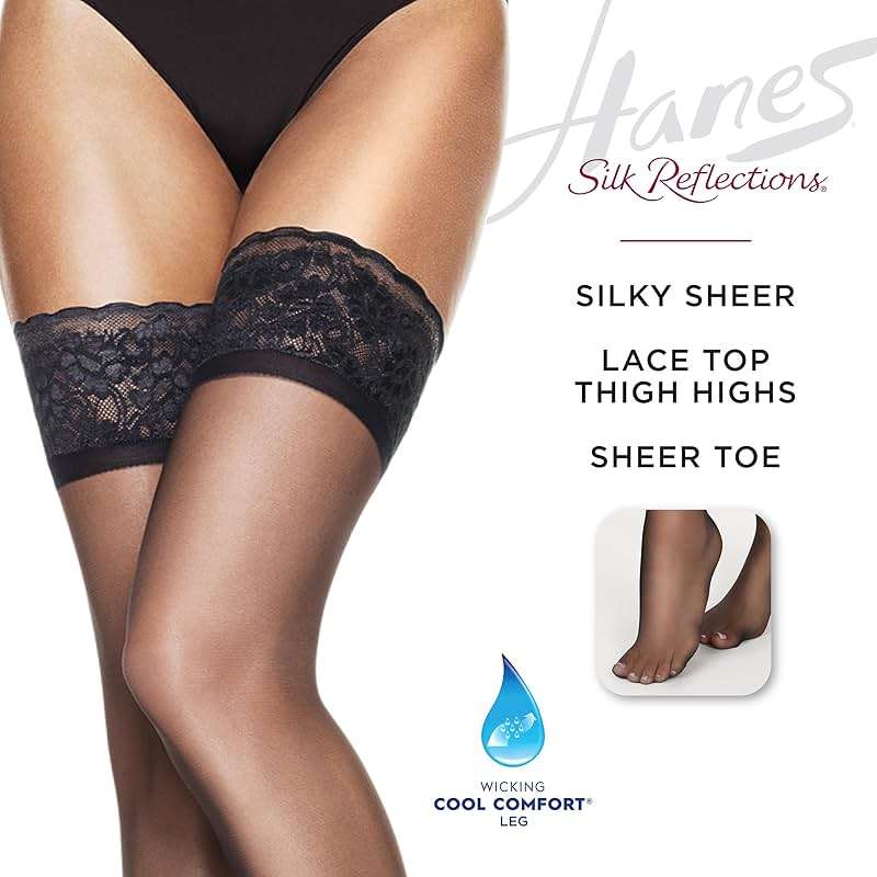 Hanes Women's Silk Reflections Lace-Top Sheer Toe Silky Sheer Thigh-High Stockings - Image 4