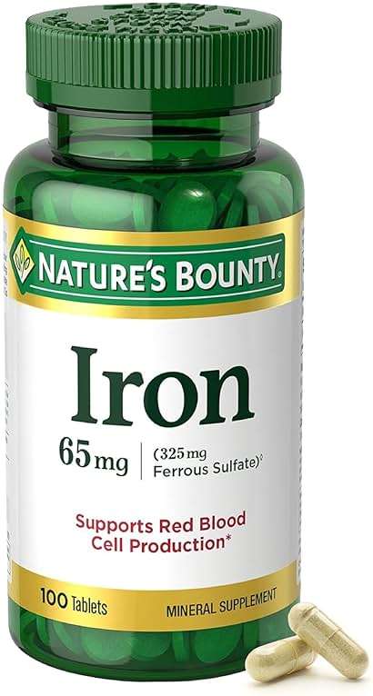 Nature’s Bounty Iron 65mg, 325 mg Ferrous Sulfate, Cellular Energy Support, Promotes Normal Red Blood Cell Production, 1 Serving Per Day, Gluten Free, 100 Vegetarian Tablets - Image 1