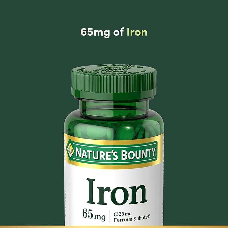 Nature’s Bounty Iron 65mg, 325 mg Ferrous Sulfate, Cellular Energy Support, Promotes Normal Red Blood Cell Production, 1 Serving Per Day, Gluten Free, 100 Vegetarian Tablets - Image 3