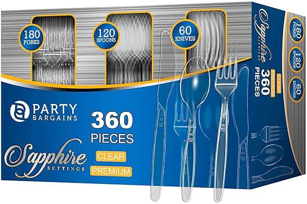 Party Bargains Disposable Cutlery set, SAPPHIRE Design, Clear Color, 360 Pieces: 180 Forks, 120 Spoons, 60 Knives - Image 1