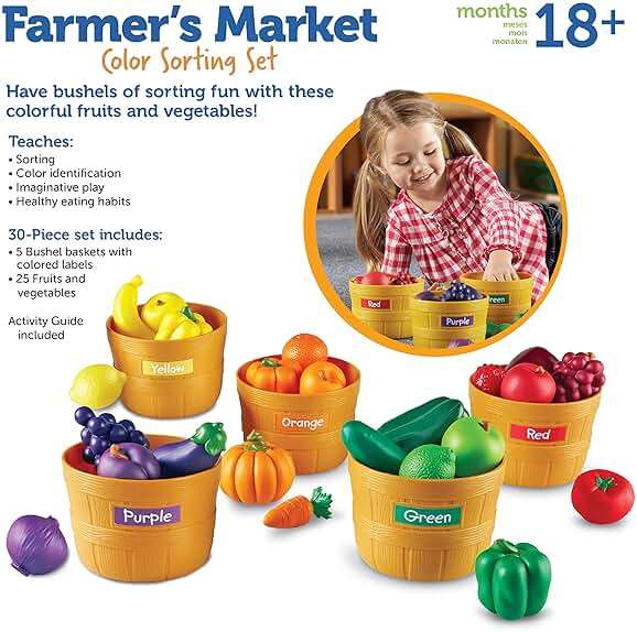 Learning Resources Farmer's Market Color Sorting Set - Pretend Play Food Sets for Kids Kitchen, Color Sorting Toys, Plastic Fruit and Vegetable Toy for Kids Kitchen Set, Play Food for Toddlers 1-3 - Image 7