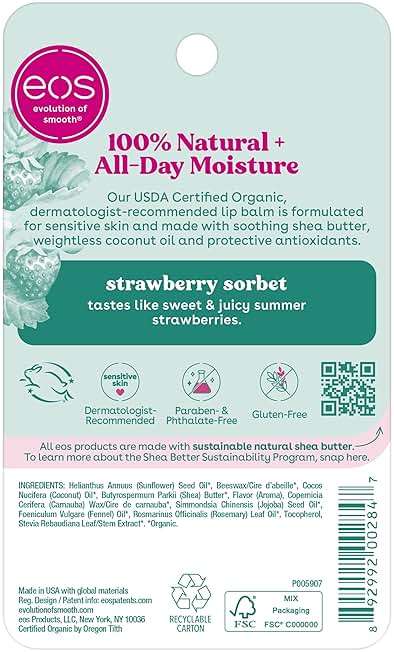 eos 100% Natural & Organic Lip Balm - Strawberry Sorbet, All-Day Moisture, Dermatologist Recommended for Sensitive Skin Care, Lip Care Products, 0.25 oz - Image 7