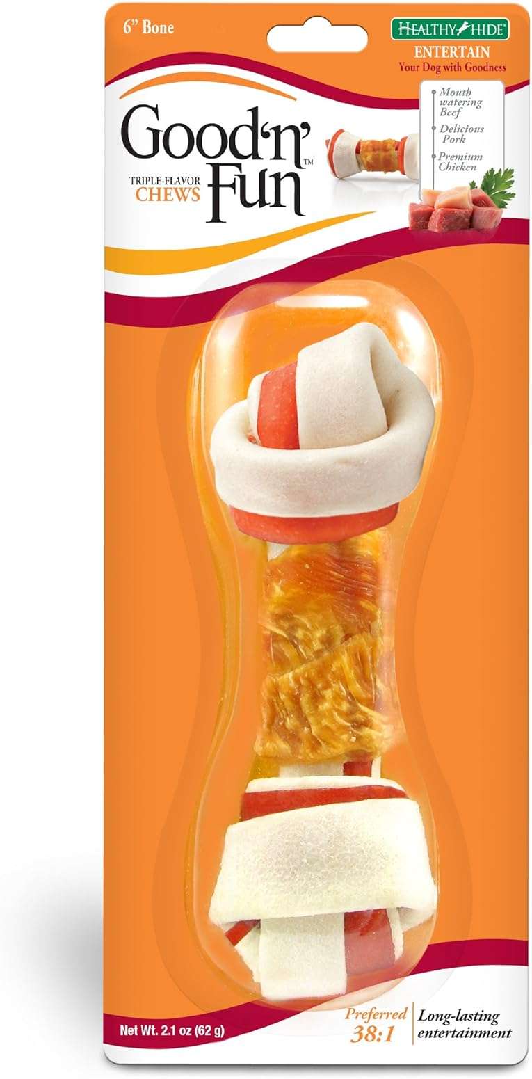 Good'n'Fun Good ’N’ Fun Triple Flavor Chews, Rawhide Treats For Dogs, 6-Inch Bone - Image 1
