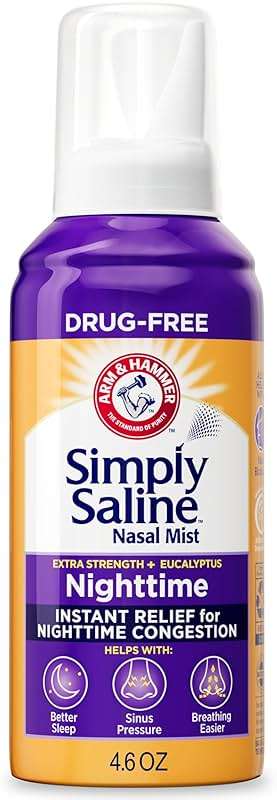 ARM & HAMMER Simply Saline Nighttime Drug-Free Mist for Nasal Congestion at Night, Extra Strength, Calming Eucalyptus, Safe to Use with Rx and OTC, For Adults and Kids Ages 2+, 4.6 oz (129 g) - Image 1