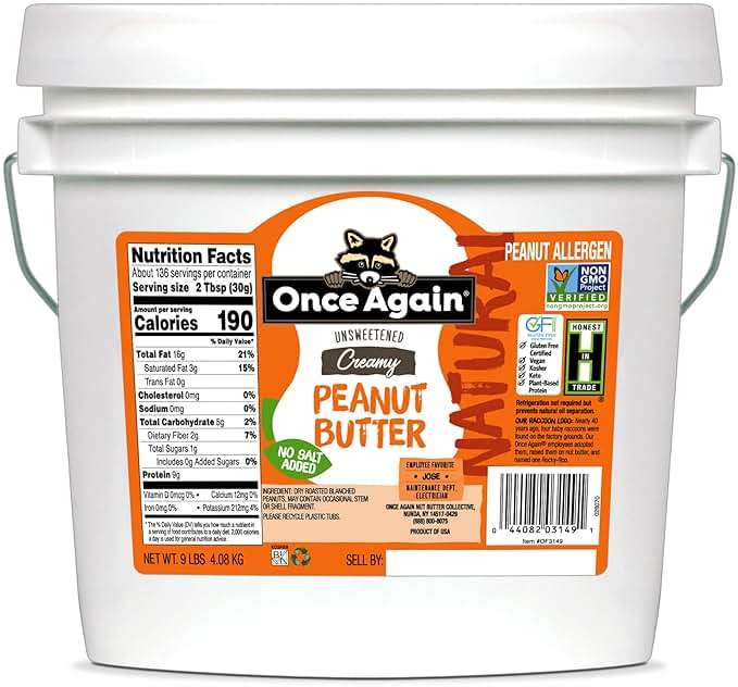 Once Again Natural, Creamy Peanut Butter, 9lb Bucket (same as 9 jars) - Salt Free, Unsweetened - Gluten Free Certified, Vegan, Kosher, Non-GMO Verified - Image 1