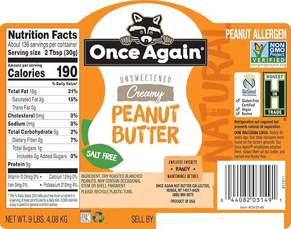 Once Again Natural, Creamy Peanut Butter, 9lb Bucket (same as 9 jars) - Salt Free, Unsweetened - Gluten Free Certified, Vegan, Kosher, Non-GMO Verified - Image 2