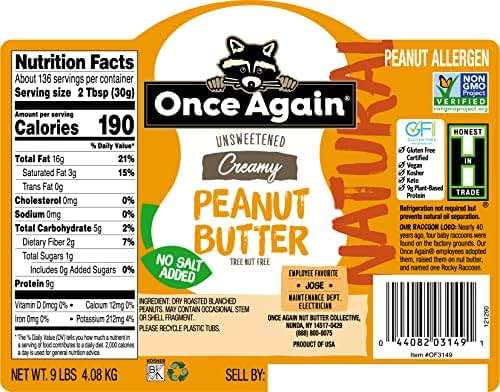 Once Again Natural, Creamy Peanut Butter, 9lb Bucket (same as 9 jars) - Salt Free, Unsweetened - Gluten Free Certified, Vegan, Kosher, Non-GMO Verified - Image 4