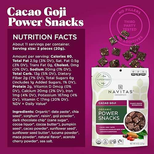 Navitas Organics Cacao Goji Superfood+ BITES – Power Snacks – All Natural Plant Based – Clean Energy & Nutrition – USDA Organic, Non GMO, Gluten Free, Soy Free, Kosher, Vegan (8oz. Bag 11 Servings) - Image 2