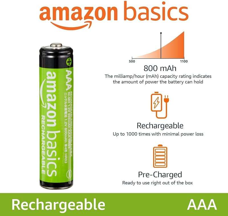 Amazon Basics 12-Pack Rechargeable AAA NiMH Batteries, 800 mAh, 1.2V, Low Self-Discharge, Pre-Charged, Recharge up to 1000x Times - Image 2