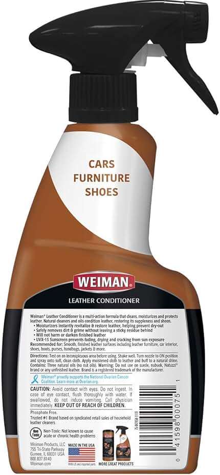 Weiman Leather Cleaner & Conditioner - Cleans, Restores & Protects Leather, UV Protection Prevent Cracking & Fading, Auto, Sofas, Shoes, Bags & All Finished Leather Surfaces, 1 Pack, 12 Fl Oz - Image 2