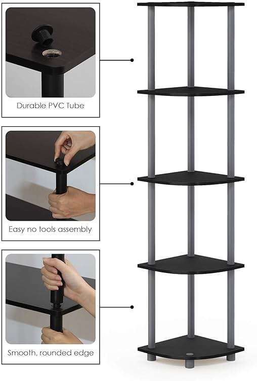 Furinno TURN-N-TUBE Corner Shelf, 5-Tier Corner Bookshelf, Open Storage Shelves, for Organization and Storage, Living Room, Home Office, Garage, Bedroom, Black - Image 5