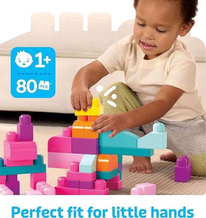 MEGA BLOKS First Builders Toddler Blocks Toys Set, Big Building Bag Collection with 80 Pieces and Storage, Pink, Ages 1+ Years - Image 3