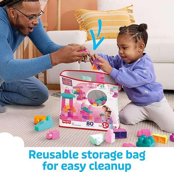MEGA BLOKS First Builders Toddler Blocks Toys Set, Big Building Bag Collection with 80 Pieces and Storage, Pink, Ages 1+ Years - Image 5