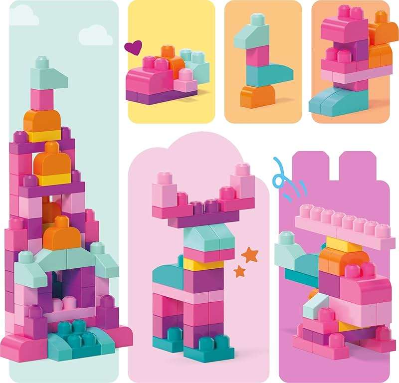 MEGA BLOKS First Builders Toddler Blocks Toys Set, Big Building Bag Collection with 80 Pieces and Storage, Pink, Ages 1+ Years - Image 6