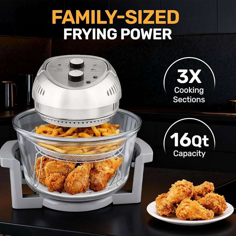 Granitestone 16Qt Large Glass Air Fryer Non Toxic – Family Sized Airfyrer Cooker with 3 Cooking Sections, Stainless Steel Racks, for French Fries, Chicken, No Preheat, Self Cleaning, Dishwasher Safe - Image 4