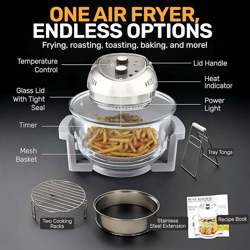 Granitestone 16Qt Large Glass Air Fryer Non Toxic – Family Sized Airfyrer Cooker with 3 Cooking Sections, Stainless Steel Racks, for French Fries, Chicken, No Preheat, Self Cleaning, Dishwasher Safe - Image 8