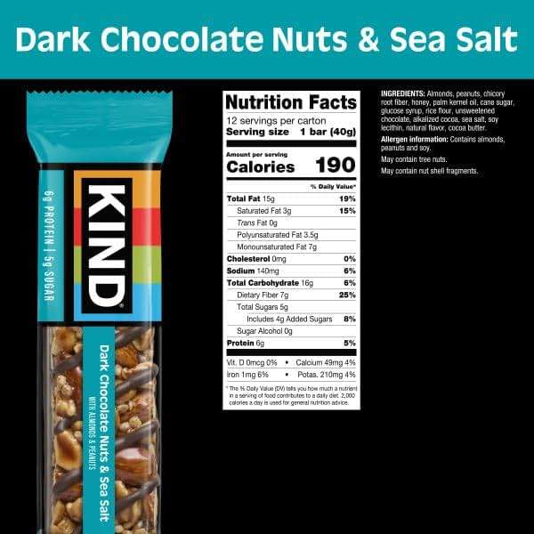 KIND Healthy Snacks Bars, Dark Chocolate Nuts & Sea Salt, Gluten Free, Low Sugar, High Fiber Snacks, 6g Protein, 12 Count - Image 2
