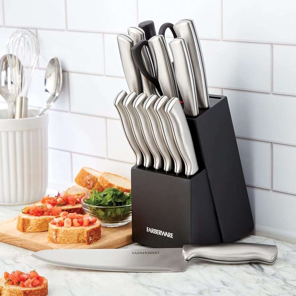 Farberware 15-Piece Kitchen Knife Set, High-Carbon Stainless Steel Blades with Wood Block, Steak Knives, Sharpening Tool & All-Purpose Shears, Razor Sharp, Ergonomic Stainless Steel Handles - Image 2