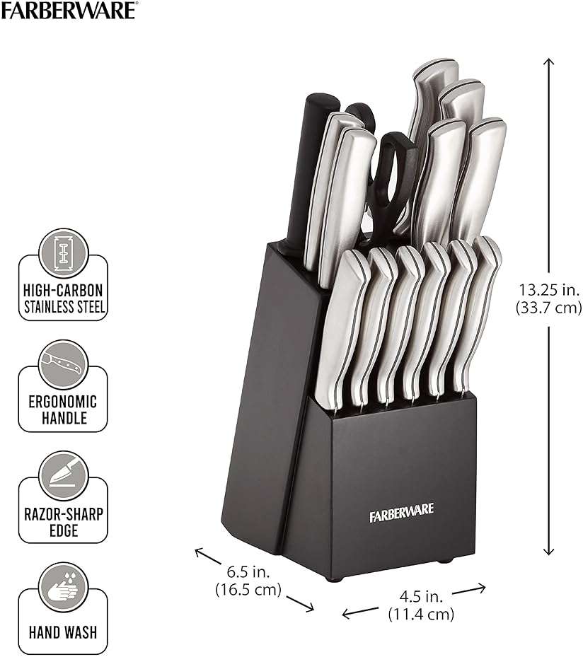 Farberware 15-Piece Kitchen Knife Set, High-Carbon Stainless Steel Blades with Wood Block, Steak Knives, Sharpening Tool & All-Purpose Shears, Razor Sharp, Ergonomic Stainless Steel Handles - Image 3