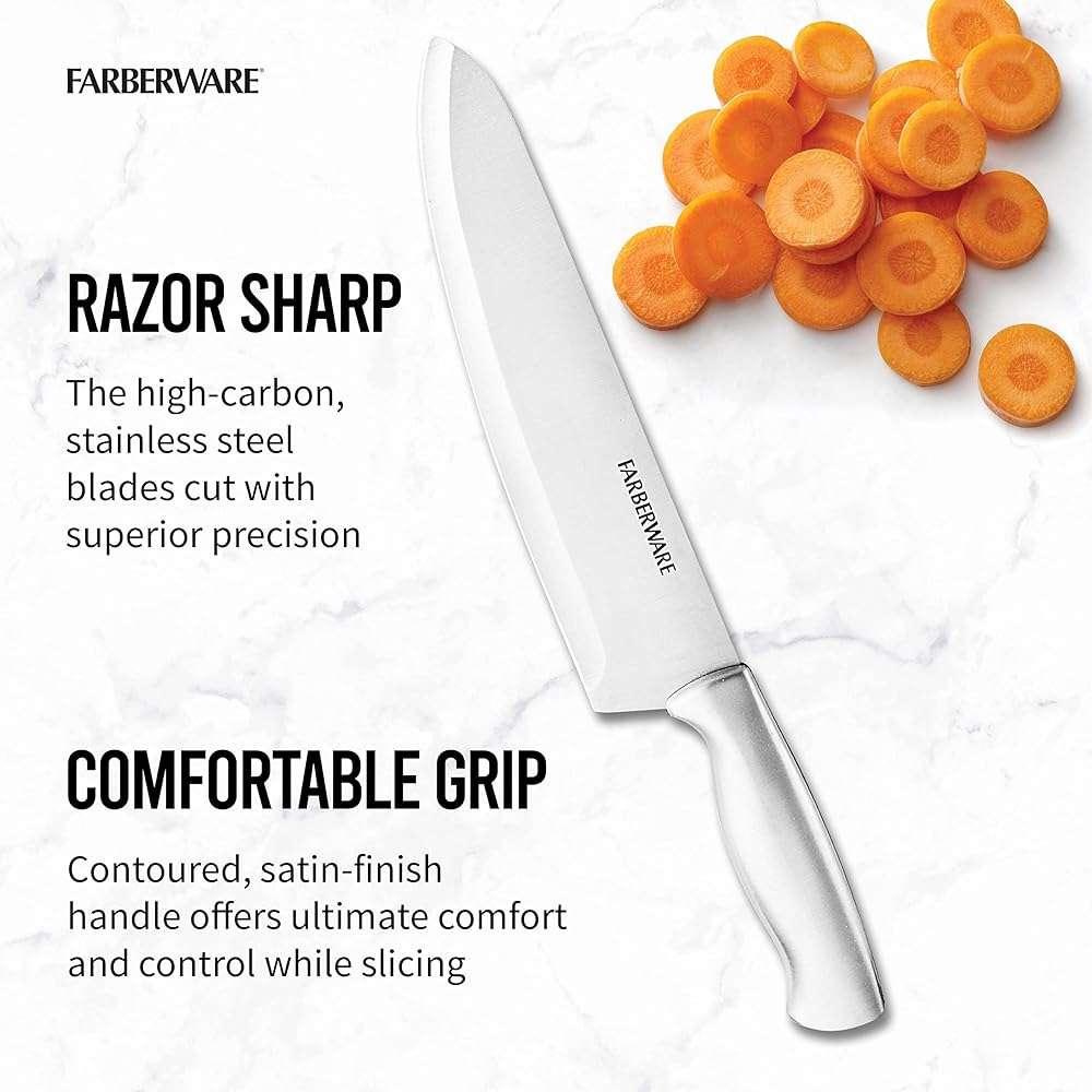 Farberware 15-Piece Kitchen Knife Set, High-Carbon Stainless Steel Blades with Wood Block, Steak Knives, Sharpening Tool & All-Purpose Shears, Razor Sharp, Ergonomic Stainless Steel Handles - Image 4