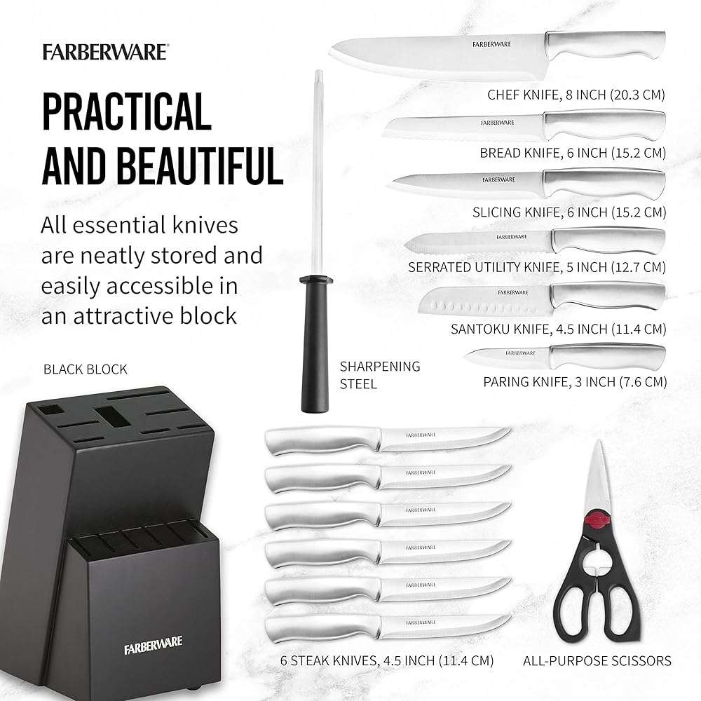 Farberware 15-Piece Kitchen Knife Set, High-Carbon Stainless Steel Blades with Wood Block, Steak Knives, Sharpening Tool & All-Purpose Shears, Razor Sharp, Ergonomic Stainless Steel Handles - Image 5
