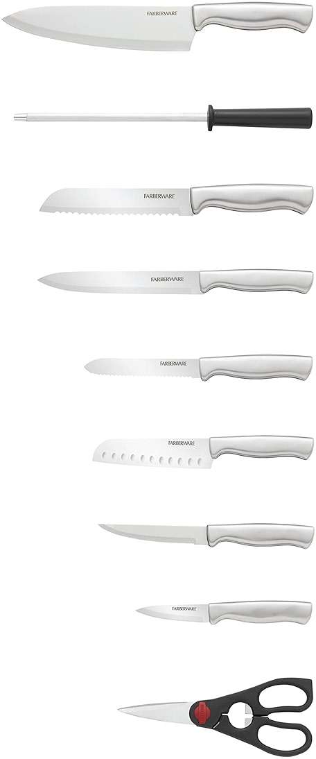 Farberware 15-Piece Kitchen Knife Set, High-Carbon Stainless Steel Blades with Wood Block, Steak Knives, Sharpening Tool & All-Purpose Shears, Razor Sharp, Ergonomic Stainless Steel Handles - Image 6