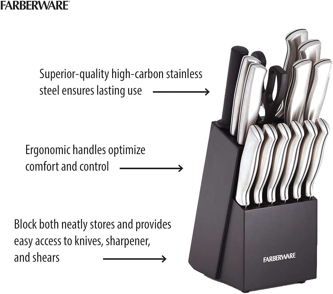 Farberware 15-Piece Kitchen Knife Set, High-Carbon Stainless Steel Blades with Wood Block, Steak Knives, Sharpening Tool & All-Purpose Shears, Razor Sharp, Ergonomic Stainless Steel Handles - Image 8