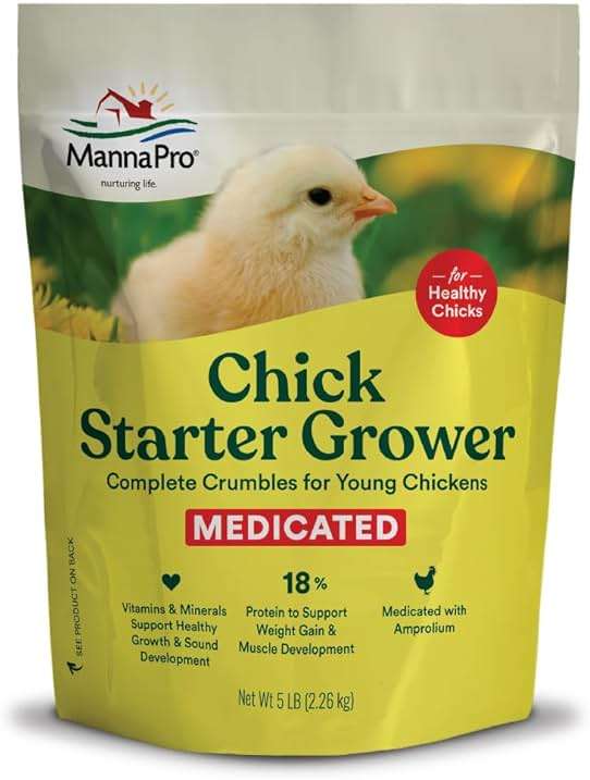 Manna Pro Medicated Chick Starter Grower Feed, Dried High Protein Chicken Food Crumbles with Amprolium for Coccidiosis Prevention, Complete Chicken Feed for Baby Chicks, 5 lb Bag - Image 1