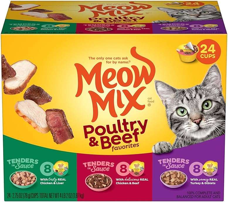 Meow Mix Tender Favorites Poultry & Beef Variety Pack, Wet Cat Food, 2.75 oz Cup (24 Pack) - Image 1