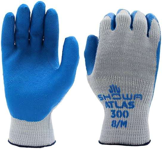 SHOWA Atlas 300 Original 1994 Crinkle Grip Work Gloves, Natural Latex Palm, Heavy Duty 10-Gauge for Construction, Landscaping, Gardening, & Masonry, Blue, Medium, 12-Pair - Image 1