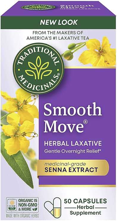 Traditional Medicinals Organic, Smooth Move Laxative Capsules - Organic Senna & Licorice Laxatives for Constipation - Kosher, Non-GMO, Stimulant-Free - 50 Capsules - Image 1