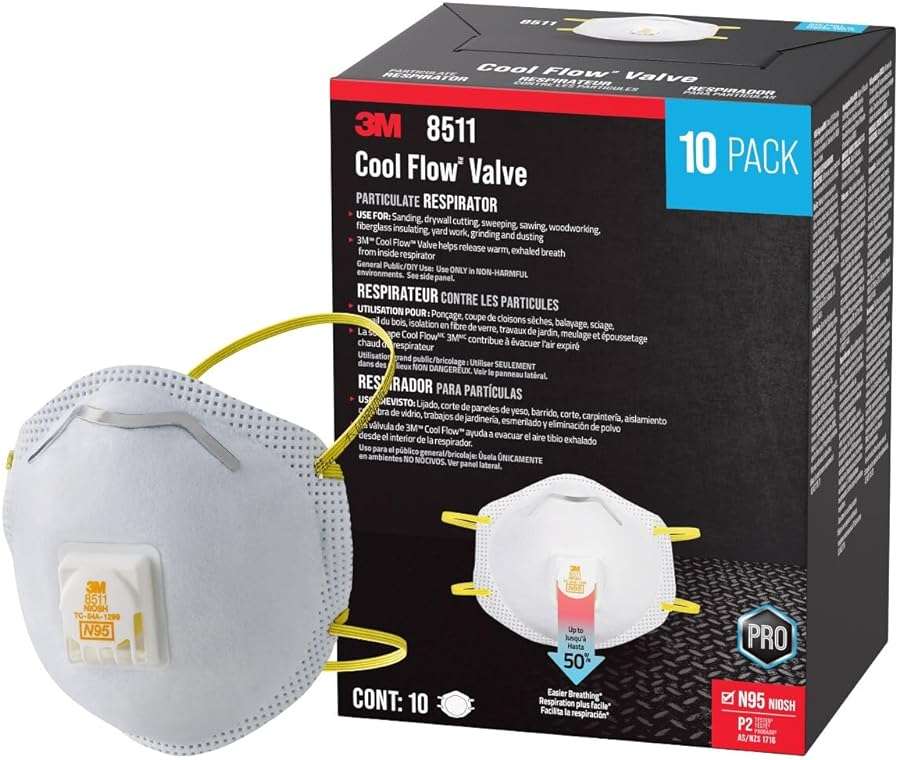 3M, N95 Respirator 8511, N95, Features Cool Flow Exhalation Valve, Relief from Dusts and Certain Particles During Sanding, Pollen, Mold Spores, Dust Particles (8511Db1-A-Ps), 10 Count - Image 1