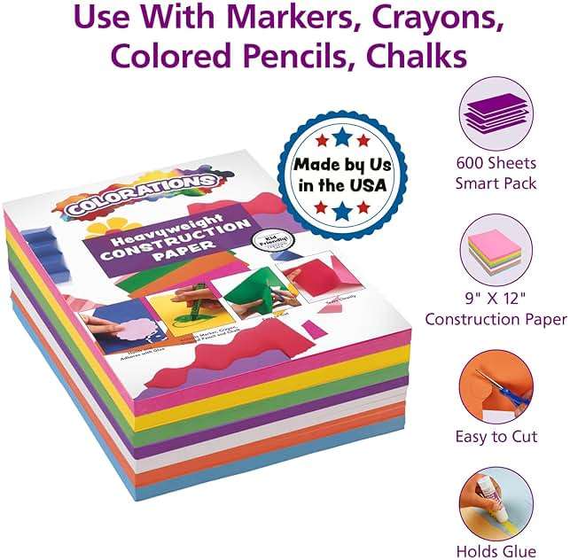 Colorations Construction Paper for Kids - 7 Bright Colors - 600 Bulk Sheets of 9"X12" - Assorted Pack of Heavy-Duty Craft Paper, Bulk School Supplies - Image 2